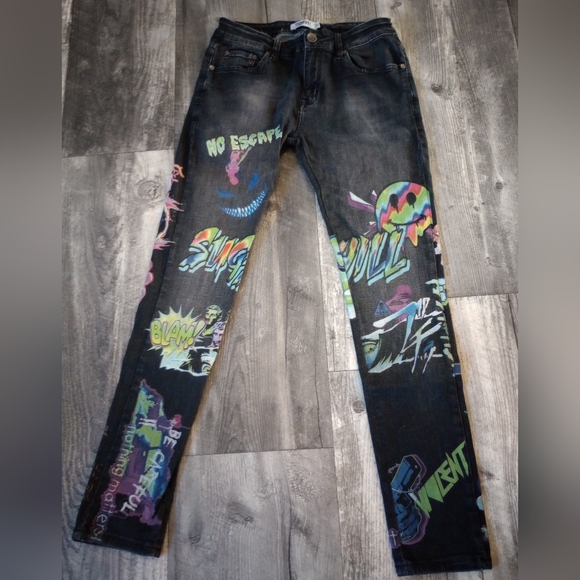 Sugarhill Men's Size 32 No Escape Bright Trippy Graphic Skinny Jeans - Picture 1 of 9